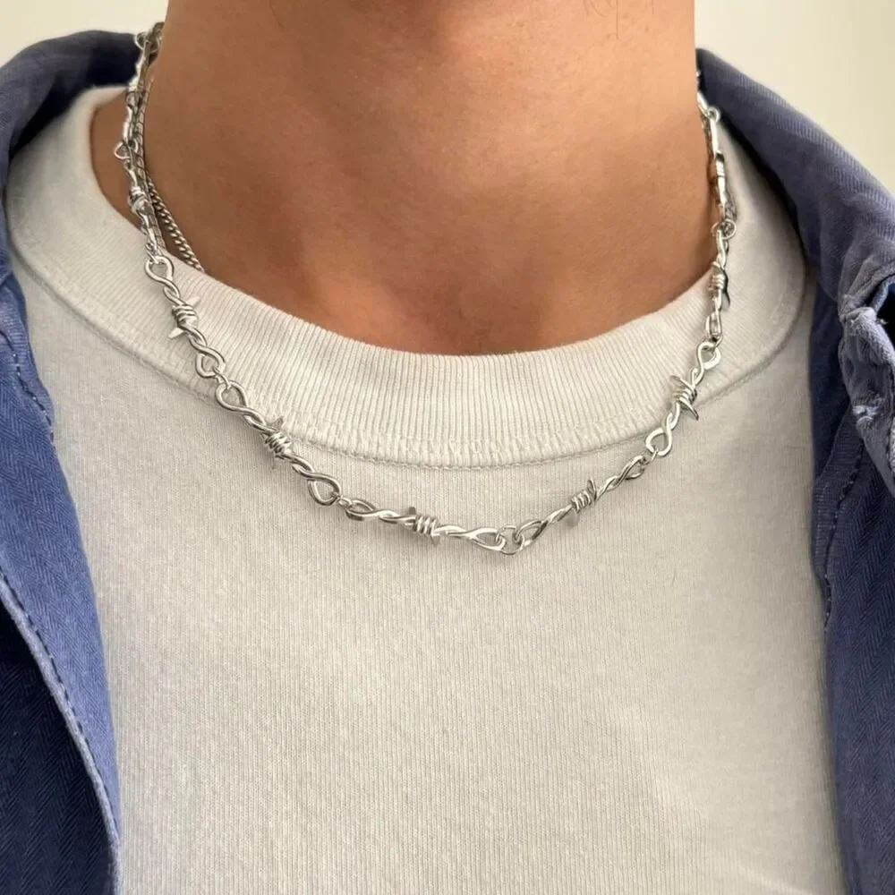 y2k style silver barbwire thorn emo chain necklace